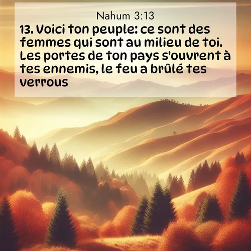 Segond21 Nahum  ; image nature: image avec le verset biblique :Voici ton peuple: ce sont des femmes qui sont au milieu de toi. Les portes de ton pays s&#039;ouvrent à tes ennemis, le feu a brûlé tes verrous. ;  ; 3:13