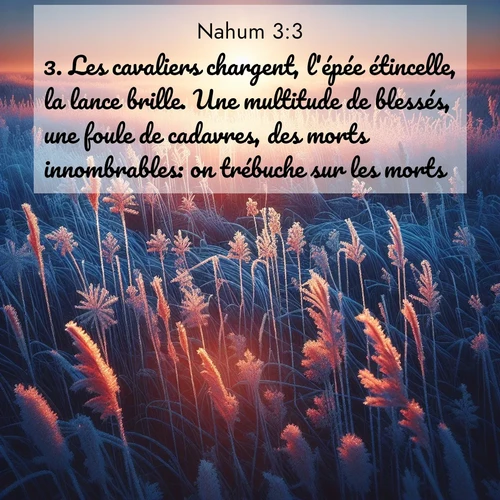 Segond21 Nahum  ; image nature: image avec le verset biblique :Les cavaliers chargent, l&#039;épée étincelle, la lance brille. Une multitude de blessés, une foule de cadavres, des morts innombrables: on trébuche sur les morts. ;  ; 3:3