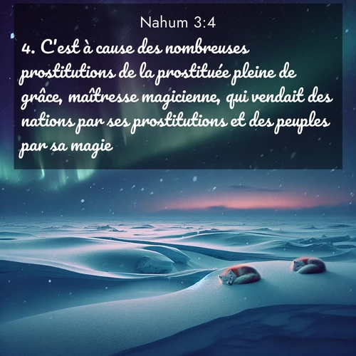 Segond21 Nahum  ; image nature: image avec le verset biblique :C&#039;est à cause des nombreuses prostitutions de la prostituée pleine de grâce, maîtresse magicienne, qui vendait des nations par ses prostitutions et des peuples par sa magie. ;  ; 3:4