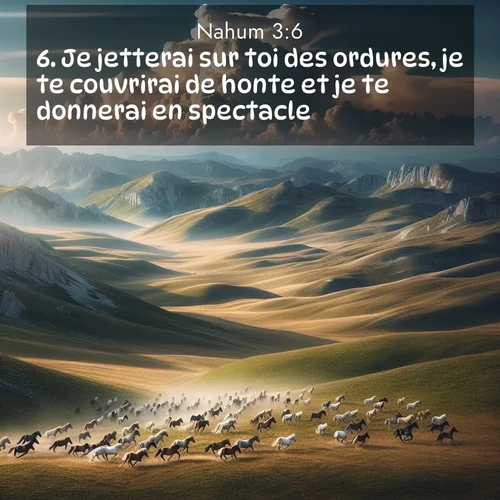 Segond21 Nahum  ; image nature: image avec le verset biblique :Je jetterai sur toi des ordures, je te couvrirai de honte et je te donnerai en spectacle. ;  ; 3:6