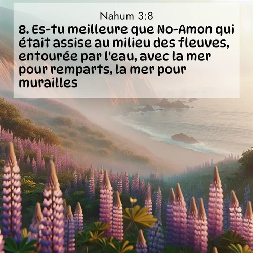 Segond21 Nahum  ; image nature: image avec le verset biblique :Es-tu meilleure que No-Amon qui était assise au milieu des fleuves, entourée par l&#039;eau, avec la mer pour remparts, la mer pour murailles? ;  ; 3:8