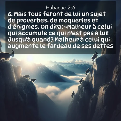 Segond21 Habacuc  ; image nature: image avec le verset biblique :Mais tous feront de lui un sujet de proverbes, de moqueries et d&#039;énigmes. On dira: «Malheur à celui qui accumule ce qui n&#039;est pas à lui! Jusqu&#039;à quand? Malheur à celui qui augmente le fardeau de ses dettes.» ;  ; 2:6