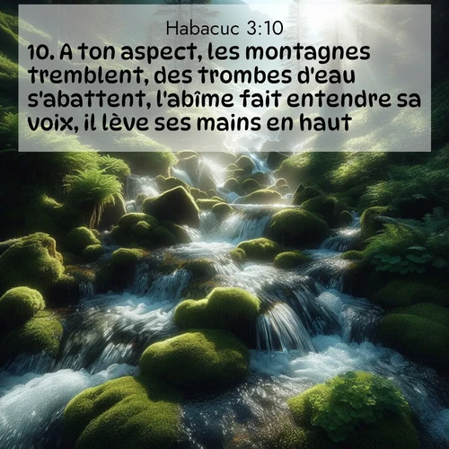 Segond21 Habacuc  ; image nature: image avec le verset biblique :A ton aspect, les montagnes tremblent, des trombes d&#039;eau s&#039;abattent, l&#039;abîme fait entendre sa voix, il lève ses mains en haut. ;  ; 3:10