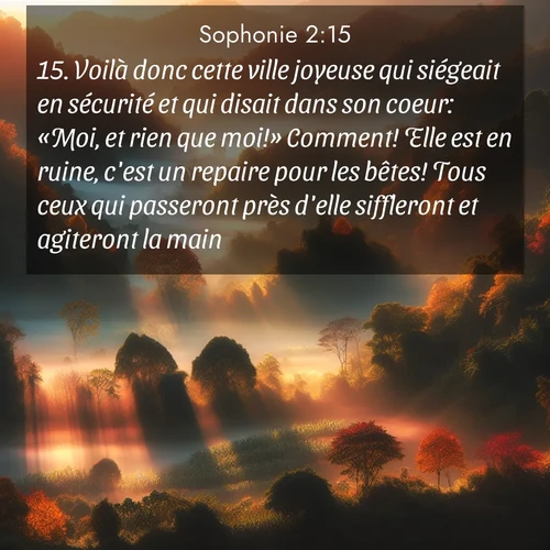 Segond21 Sophonie  ; image nature: image avec le verset biblique :Voilà donc cette ville joyeuse qui siégeait en sécurité et qui disait dans son coeur: «Moi, et rien que moi!» Comment! Elle est en ruine, c&#039;est un repaire pour les bêtes! Tous ceux qui passeront près d&#039;elle siffleront et agiteront la main. ;  ; 2:15