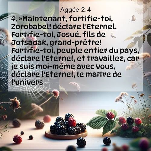 Segond21 Aggée  ; image nature: image avec le verset biblique :»Maintenant, fortifie-toi, Zorobabel! déclare l&#039;Eternel. Fortifie-toi, Josué, fils de Jotsadak, grand-prêtre! Fortifie-toi, peuple entier du pays, déclare l&#039;Eternel, et travaillez, car je suis moi-même avec vous, déclare l&#039;Eternel, le maître de l&#039;univers. ;  ; 2:4