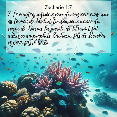 Segond21 Zacharie  ; image nature: image avec le verset biblique :Le vingt-quatrième jour du onzième mois, qui est le mois de Shebat, la deuxième année du règne de Darius, la parole de l&#039;Eternel fut adressée au prophète Zacharie, fils de Bérékia et petit-fils d&#039;Iddo. ;  ; 1:7