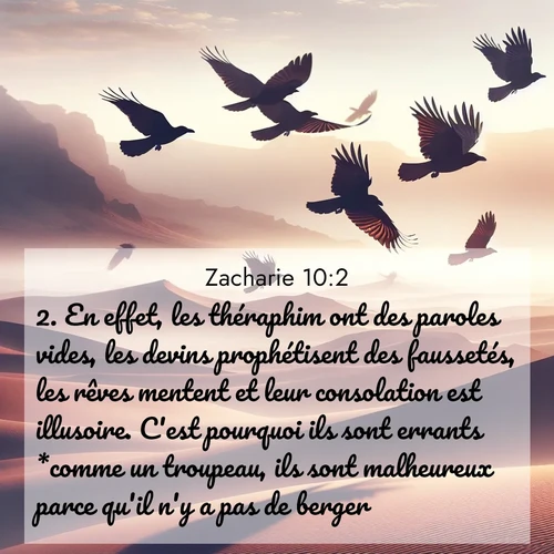 Segond21 Zacharie  ; image nature: image avec le verset biblique :En effet, les théraphim ont des paroles vides, les devins prophétisent des faussetés, les rêves mentent et leur consolation est illusoire. C&#039;est pourquoi ils sont errants *comme un troupeau, ils sont malheureux parce qu&#039;il n&#039;y a pas de berger. ;  ; 10:2