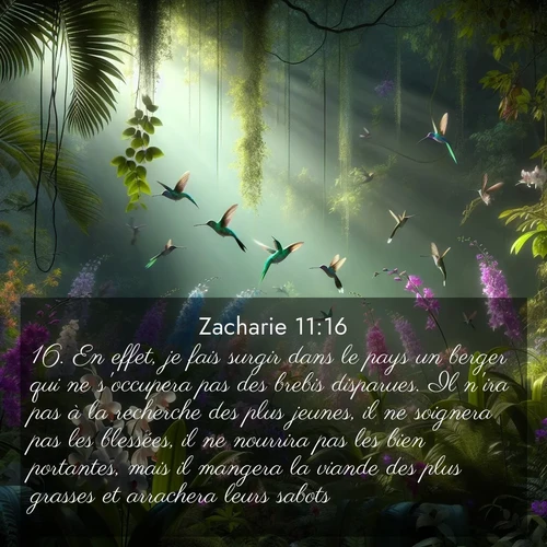 Segond21 Zacharie  ; image nature: image avec le verset biblique :En effet, je fais surgir dans le pays un berger qui ne s&#039;occupera pas des brebis disparues. Il n&#039;ira pas à la recherche des plus jeunes, il ne soignera pas les blessées, il ne nourrira pas les bien portantes, mais il mangera la viande des plus grasses et arrachera leurs sabots. ;  ; 11:16
