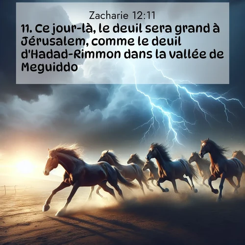 Segond21 Zacharie  ; image nature: image avec le verset biblique :Ce jour-là, le deuil sera grand à Jérusalem, comme le deuil d&#039;Hadad-Rimmon dans la vallée de Meguiddo. ;  ; 12:11