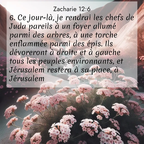 Segond21 Zacharie  ; image nature: image avec le verset biblique :Ce jour-là, je rendrai les chefs de Juda pareils à un foyer allumé parmi des arbres, à une torche enflammée parmi des épis. Ils dévoreront à droite et à gauche tous les peuples environnants, et Jérusalem restera à sa place, à Jérusalem. ;  ; 12:6