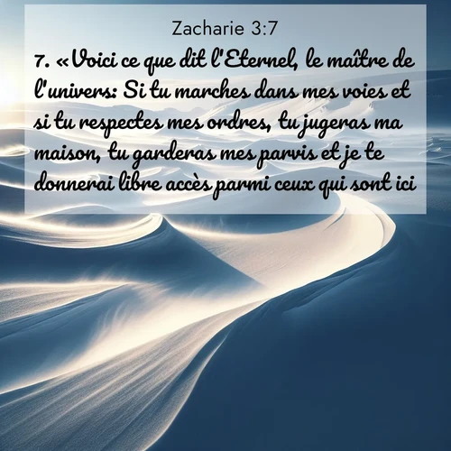 Segond21 Zacharie  ; image nature: image avec le verset biblique :«Voici ce que dit l&#039;Eternel, le maître de l&#039;univers: Si tu marches dans mes voies et si tu respectes mes ordres, tu jugeras ma maison, tu garderas mes parvis et je te donnerai libre accès parmi ceux qui sont ici. ;  ; 3:7