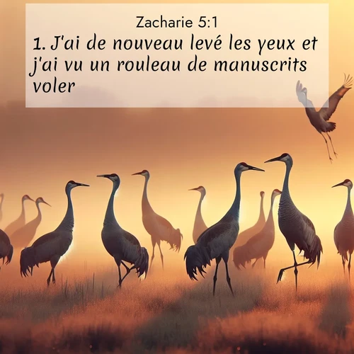 Segond21 Zacharie  ; image nature: image avec le verset biblique :J&#039;ai de nouveau levé les yeux et j&#039;ai vu un rouleau de manuscrits voler. ;  ; 5:1