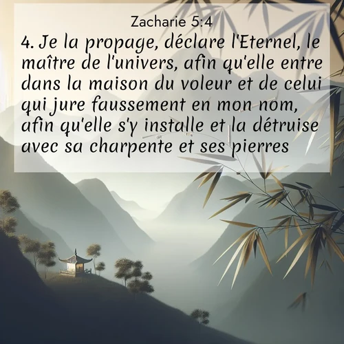 Segond21 Zacharie  ; image nature: image avec le verset biblique :Je la propage, déclare l&#039;Eternel, le maître de l&#039;univers, afin qu&#039;elle entre dans la maison du voleur et de celui qui jure faussement en mon nom, afin qu&#039;elle s&#039;y installe et la détruise avec sa charpente et ses pierres.» ;  ; 5:4