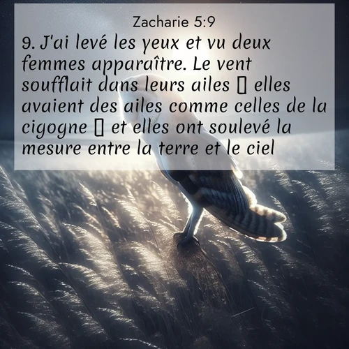 Segond21 Zacharie  ; image nature: image avec le verset biblique :J&#039;ai levé les yeux et vu deux femmes apparaître. Le vent soufflait dans leurs ailes  elles avaient des ailes comme celles de la cigogne  et elles ont soulevé la mesure entre la terre et le ciel. ;  ; 5:9
