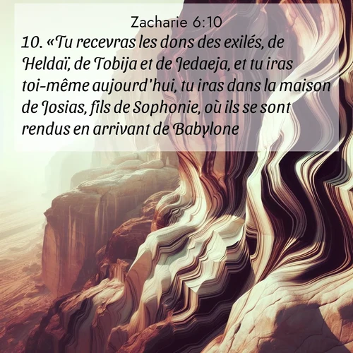 Segond21 Zacharie  ; image nature: image avec le verset biblique :«Tu recevras les dons des exilés, de Heldaï, de Tobija et de Jedaeja, et tu iras toi-même aujourd&#039;hui, tu iras dans la maison de Josias, fils de Sophonie, où ils se sont rendus en arrivant de Babylone. ;  ; 6:10