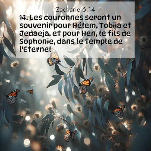 Segond21 Zacharie  ; image nature: image avec le verset biblique :Les couronnes seront un souvenir pour Hélem, Tobija et Jedaeja, et pour Hen, le fils de Sophonie, dans le temple de l&#039;Eternel. ;  ; 6:14