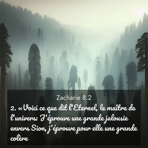 Segond21 Zacharie  ; image nature: image avec le verset biblique :«Voici ce que dit l&#039;Eternel, le maître de l&#039;univers: J&#039;éprouve une grande jalousie envers Sion, j&#039;éprouve pour elle une grande colère. ;  ; 8:2