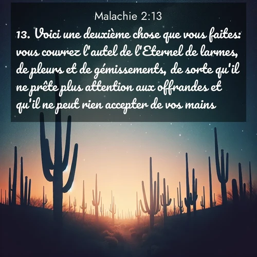 Segond21 Malachie  ; image nature: image avec le verset biblique :Voici une deuxième chose que vous faites: vous couvrez l&#039;autel de l&#039;Eternel de larmes, de pleurs et de gémissements, de sorte qu&#039;il ne prête plus attention aux offrandes et qu&#039;il ne peut rien accepter de vos mains, ;  ; 2:13