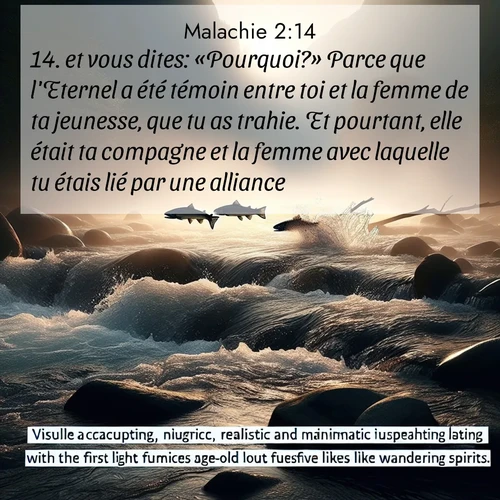 Segond21 Malachie  ; image nature: image avec le verset biblique :et vous dites: «Pourquoi?» Parce que l&#039;Eternel a été témoin entre toi et la femme de ta jeunesse, que tu as trahie. Et pourtant, elle était ta compagne et la femme avec laquelle tu étais lié par une alliance. ;  ; 2:14
