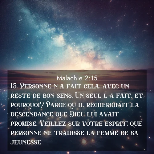 Segond21 Malachie  ; image nature: image avec le verset biblique :Personne n&#039;a fait cela, avec un reste de bon sens. Un seul l&#039;a fait, et pourquoi? Parce qu&#039;il recherchait la descendance que Dieu lui avait promise. Veillez sur votre esprit: que personne ne trahisse la femme de sa jeunesse, ;  ; 2:15