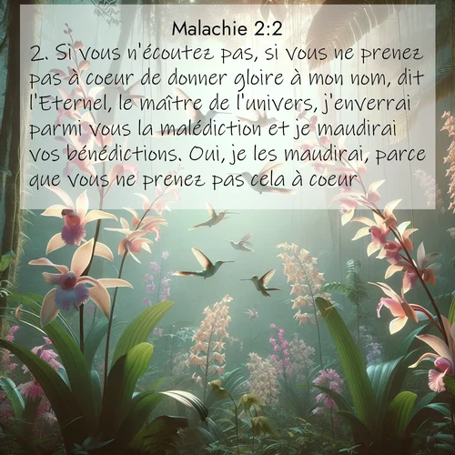 Segond21 Malachie  ; image nature: image avec le verset biblique :Si vous n&#039;écoutez pas, si vous ne prenez pas à coeur de donner gloire à mon nom, dit l&#039;Eternel, le maître de l&#039;univers, j&#039;enverrai parmi vous la malédiction et je maudirai vos bénédictions. Oui, je les maudirai, parce que vous ne prenez pas cela à coeur. ;  ; 2:2