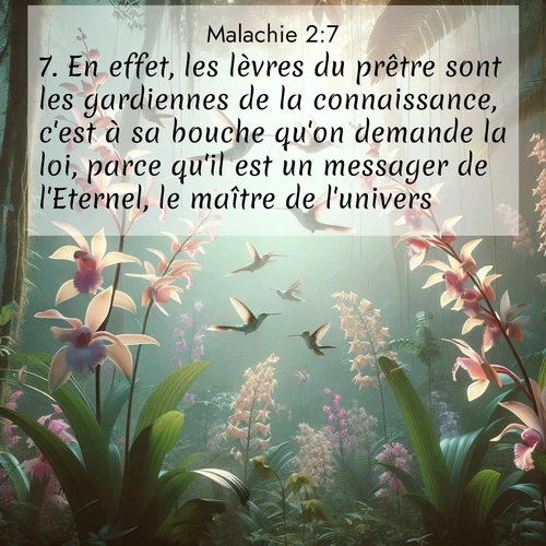 Segond21 Malachie  ; image nature: image avec le verset biblique :En effet, les lèvres du prêtre sont les gardiennes de la connaissance, c&#039;est à sa bouche qu&#039;on demande la loi, parce qu&#039;il est un messager de l&#039;Eternel, le maître de l&#039;univers. ;  ; 2:7