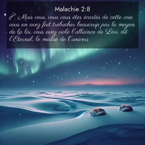 Segond21 Malachie  ; image nature: image avec le verset biblique :Mais vous, vous vous êtes écartés de cette voie, vous en avez fait trébucher beaucoup par le moyen de la loi, vous avez violé l&#039;alliance de Lévi, dit l&#039;Eternel, le maître de l&#039;univers. ;  ; 2:8