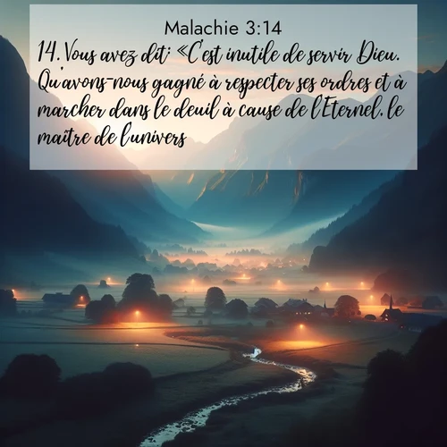 Segond21 Malachie  ; image nature: image avec le verset biblique :Vous avez dit: «C&#039;est inutile de servir Dieu. Qu&#039;avons-nous gagné à respecter ses ordres et à marcher dans le deuil à cause de l&#039;Eternel, le maître de l&#039;univers? ;  ; 3:14