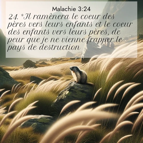 Segond21 Malachie  ; image nature: image avec le verset biblique :*Il ramènera le coeur des pères vers leurs enfants et le coeur des enfants vers leurs pères, de peur que je ne vienne frapper le pays de destruction. ;  ; 3:24