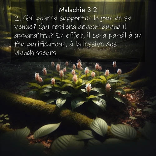 Segond21 Malachie  ; image nature: image avec le verset biblique :Qui pourra supporter le jour de sa venue? Qui restera debout quand il apparaîtra? En effet, il sera pareil à un feu purificateur, à la lessive des blanchisseurs. ;  ; 3:2