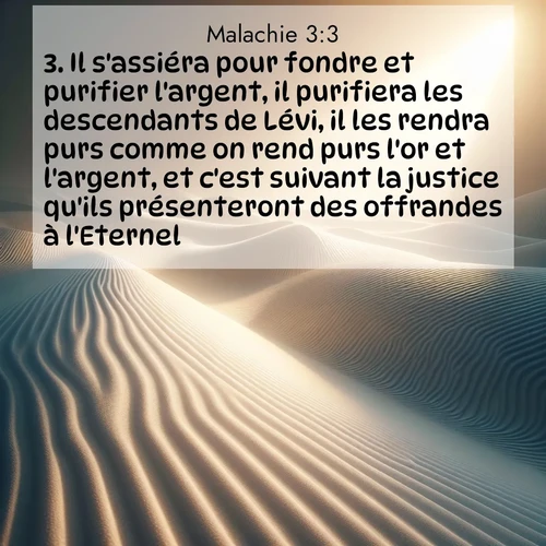 Segond21 Malachie  ; image nature: image avec le verset biblique :Il s&#039;assiéra pour fondre et purifier l&#039;argent, il purifiera les descendants de Lévi, il les rendra purs comme on rend purs l&#039;or et l&#039;argent, et c&#039;est suivant la justice qu&#039;ils présenteront des offrandes à l&#039;Eternel. ;  ; 3:3