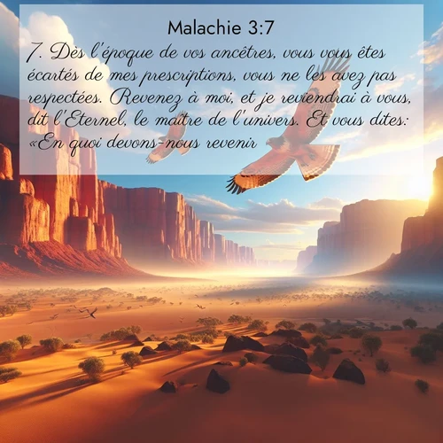 Segond21 Malachie  ; image nature: image avec le verset biblique :Dès l&#039;époque de vos ancêtres, vous vous êtes écartés de mes prescriptions, vous ne les avez pas respectées. Revenez à moi, et je reviendrai à vous, dit l&#039;Eternel, le maître de l&#039;univers. Et vous dites: «En quoi devons-nous revenir?» ;  ; 3:7