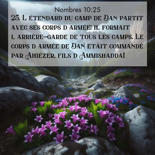 Segond21 Nombres  ; image nature: image avec le verset biblique :L&#039;étendard du camp de Dan partit avec ses corps d&#039;armée: il formait l&#039;arrière-garde de tous les camps. Le corps d&#039;armée de Dan était commandé par Ahiézer, fils d&#039;Ammishaddaï, ;  ; 10:25