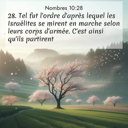 Segond21 Nombres  ; image nature: image avec le verset biblique :Tel fut l&#039;ordre d&#039;après lequel les Israélites se mirent en marche selon leurs corps d&#039;armée. C&#039;est ainsi qu&#039;ils partirent. ;  ; 10:28