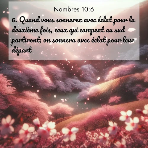 Segond21 Nombres  ; image nature: image avec le verset biblique :Quand vous sonnerez avec éclat pour la deuxième fois, ceux qui campent au sud partiront; on sonnera avec éclat pour leur départ. ;  ; 10:6