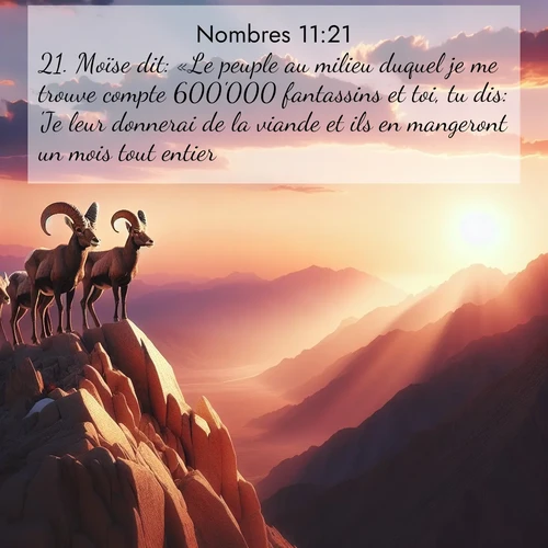 Segond21 Nombres  ; image nature: image avec le verset biblique :Moïse dit: «Le peuple au milieu duquel je me trouve compte 600&#039;000 fantassins et toi, tu dis: &#039;Je leur donnerai de la viande et ils en mangeront un mois tout entier&#039;! ;  ; 11:21