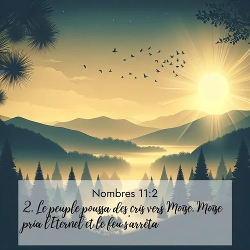Segond21 Nombres  ; image nature: image avec le verset biblique :Le peuple poussa des cris vers Moïse. Moïse pria l&#039;Eternel et le feu s&#039;arrêta. ;  ; 11:2