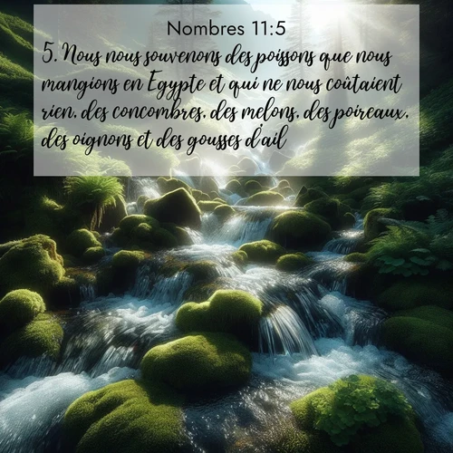 Segond21 Nombres  ; image nature: image avec le verset biblique :Nous nous souvenons des poissons que nous mangions en Egypte et qui ne nous coûtaient rien, des concombres, des melons, des poireaux, des oignons et des gousses d&#039;ail. ;  ; 11:5