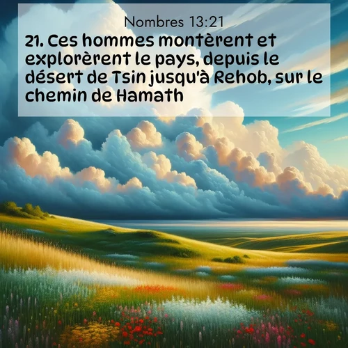 Segond21 Nombres  ; image nature: image avec le verset biblique :Ces hommes montèrent et explorèrent le pays, depuis le désert de Tsin jusqu&#039;à Rehob, sur le chemin de Hamath. ;  ; 13:21