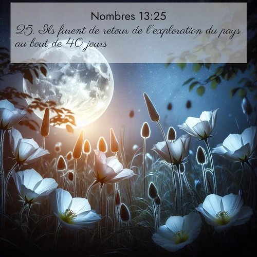 Segond21 Nombres  ; image nature: image avec le verset biblique :Ils furent de retour de l&#039;exploration du pays au bout de 40 jours. ;  ; 13:25