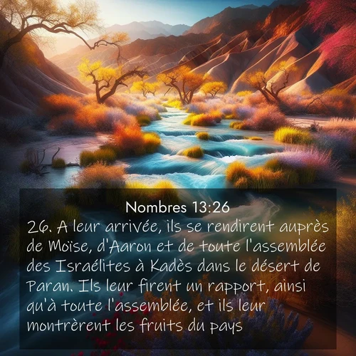 Segond21 Nombres  ; image nature: image avec le verset biblique :A leur arrivée, ils se rendirent auprès de Moïse, d&#039;Aaron et de toute l&#039;assemblée des Israélites à Kadès dans le désert de Paran. Ils leur firent un rapport, ainsi qu&#039;à toute l&#039;assemblée, et ils leur montrèrent les fruits du pays. ;  ; 13:26