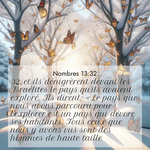 Segond21 Nombres  ; image nature: image avec le verset biblique :et ils dénigrèrent devant les Israélites le pays qu&#039;ils avaient exploré. Ils dirent: «Le pays que nous avons parcouru pour l&#039;explorer est un pays qui dévore ses habitants. Tous ceux que nous y avons vus sont des hommes de haute taille. ;  ; 13:32
