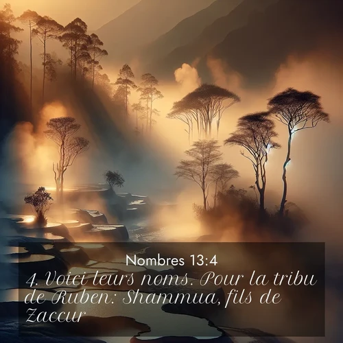 Segond21 Nombres  ; image nature: image avec le verset biblique :Voici leurs noms. Pour la tribu de Ruben: Shammua, fils de Zaccur; ;  ; 13:4