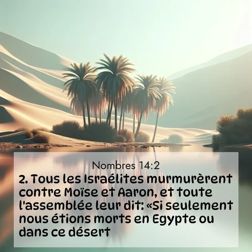 Segond21 Nombres  ; image nature: image avec le verset biblique :Tous les Israélites murmurèrent contre Moïse et Aaron, et toute l&#039;assemblée leur dit: «Si seulement nous étions morts en Egypte ou dans ce désert! ;  ; 14:2