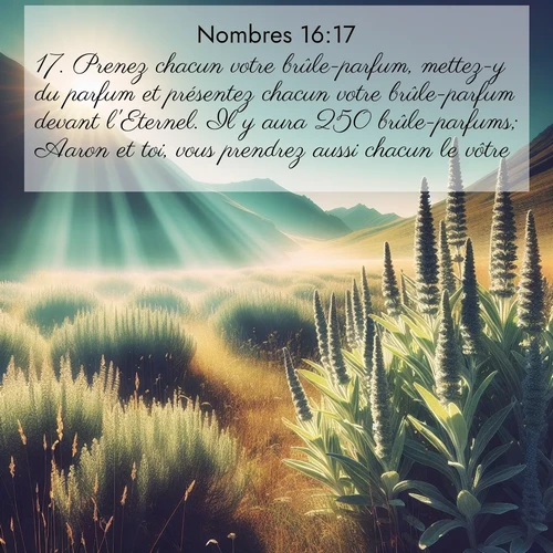 Segond21 Nombres  ; image nature: image avec le verset biblique :Prenez chacun votre brûle-parfum, mettez-y du parfum et présentez chacun votre brûle-parfum devant l&#039;Eternel. Il y aura 250 brûle-parfums; Aaron et toi, vous prendrez aussi chacun le vôtre.» ;  ; 16:17