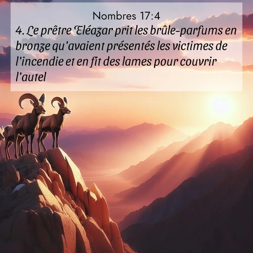 Segond21 Nombres  ; image nature: image avec le verset biblique :Le prêtre Eléazar prit les brûle-parfums en bronze qu&#039;avaient présentés les victimes de l&#039;incendie et en fit des lames pour couvrir l&#039;autel. ;  ; 17:4