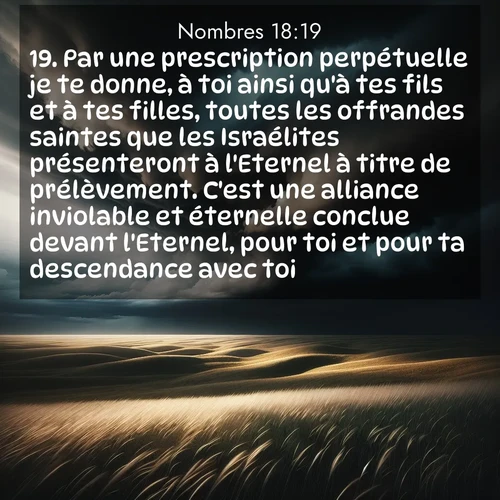 Segond21 Nombres  ; image nature: image avec le verset biblique :Par une prescription perpétuelle je te donne, à toi ainsi qu&#039;à tes fils et à tes filles, toutes les offrandes saintes que les Israélites présenteront à l&#039;Eternel à titre de prélèvement. C&#039;est une alliance inviolable et éternelle conclue devant l&#039;Eternel, pour toi et pour ta descendance avec toi.» ;  ; 18:19