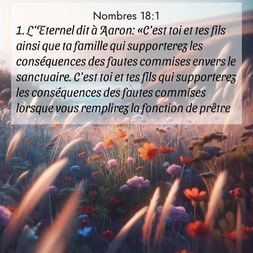 Segond21 Nombres  ; image nature: image avec le verset biblique :L&#039;Eternel dit à Aaron: «C&#039;est toi et tes fils ainsi que ta famille qui supporterez les conséquences des fautes commises envers le sanctuaire. C&#039;est toi et tes fils qui supporterez les conséquences des fautes commises lorsque vous remplirez la fonction de prêtre. ;  ; 18:1