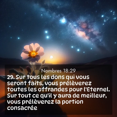 Segond21 Nombres  ; image nature: image avec le verset biblique :Sur tous les dons qui vous seront faits, vous prélèverez toutes les offrandes pour l&#039;Eternel. Sur tout ce qu&#039;il y aura de meilleur, vous prélèverez la portion consacrée.&#039; ;  ; 18:29