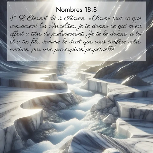 Segond21 Nombres  ; image nature: image avec le verset biblique :L&#039;Eternel dit à Aaron: «Parmi tout ce que consacrent les Israélites, je te donne ce qui m&#039;est offert à titre de prélèvement. Je te le donne, à toi et à tes fils, comme le droit que vous confère votre onction, par une prescription perpétuelle. ;  ; 18:8